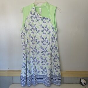 TEE TIME Womens Golf Dress XL Blue Green Fern Floral Stretchy Sleeveless Zip